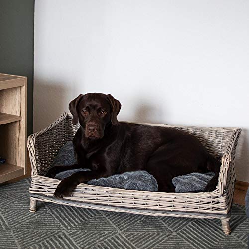 RM E-Commerce Cama para perros de mimbre rectangular con cojín gris para perros grandes y pequeños, 88 cm de ancho