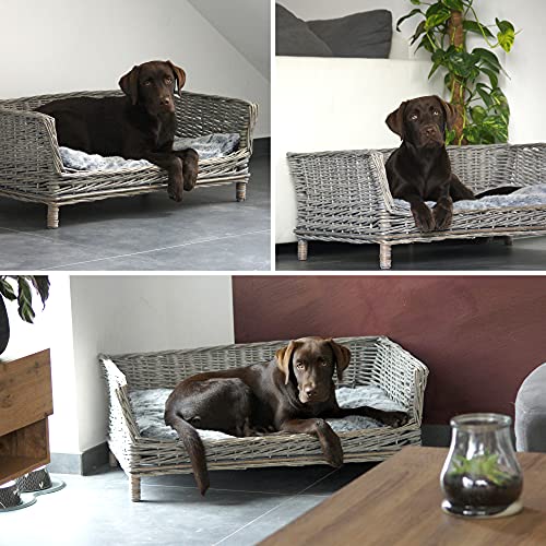 RM E-Commerce Cama para perros de mimbre rectangular con cojín gris para perros grandes y pequeños, 88 cm de ancho