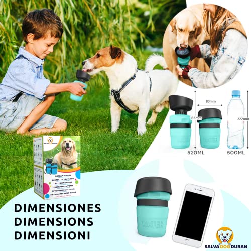 SalvaDog Duran - Botella de Agua para Perros - Bebedero Portatil de Viaje para Mascotas – 500ml – Especial Paseos al Aire Libre con Cuenco Plegable – Libre de BPA