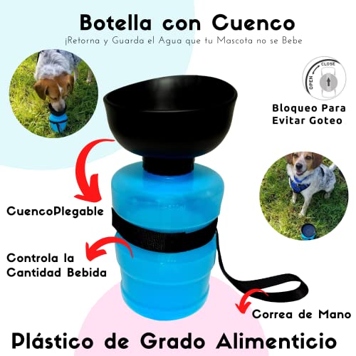 SalvaDog Duran - Botella de Agua para Perros - Bebedero Portatil de Viaje para Mascotas – 500ml – Especial Paseos al Aire Libre con Cuenco Plegable – Libre de BPA