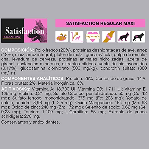 Satisfaction Regular Maxi 15 kg - para perros adultos (de 2 a 7 años) de raza grande (más de 25 Kg.)