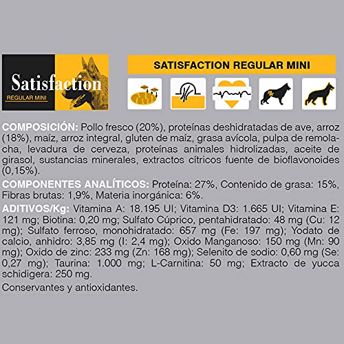 Satisfaction Regular Mini 15 KG - para perros adultos (de 6-9 meses a 7 años) de razas pequeñas (hasta 10 Kg de peso adulto).