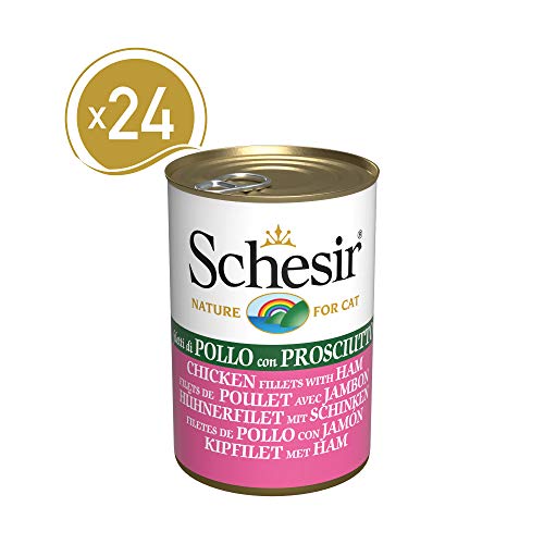 Schesir, Comida húmeda para Gatos Adultos, Sabor filetes de Pollo con jamón en gelatina Blanda - Total 3,36 kg (24 latas x 140 gr)