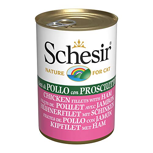 Schesir, Comida húmeda para Gatos Adultos, Sabor filetes de Pollo con jamón en gelatina Blanda - Total 3,36 kg (24 latas x 140 gr)