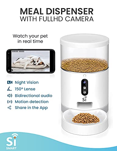 Si Smart Comedero para Perros y Gatos Cámara Inteligente WiFi con Audio bidireccional de 4L, Funciona con Amazon Alexa y Google Home dispensador de Comida, visión Nocturna, App Smart Life