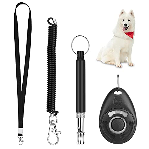 Silbato y clicker para entrenamiento de perros, silbato para perros con cordón, clicker para perros, kit de entrenamiento para mascotas, ideal para el entrenamiento de cachorros de mascotas (Schwarz)