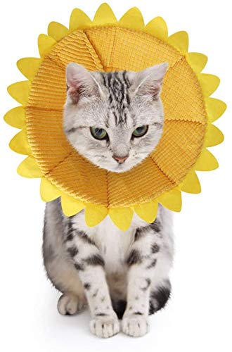 SLSON Collares protectores para gatos y collares ajustables en forma de cono para collares curativos para la recuperación de las feritas de compañía, con motivo de girasol amarillo (S)