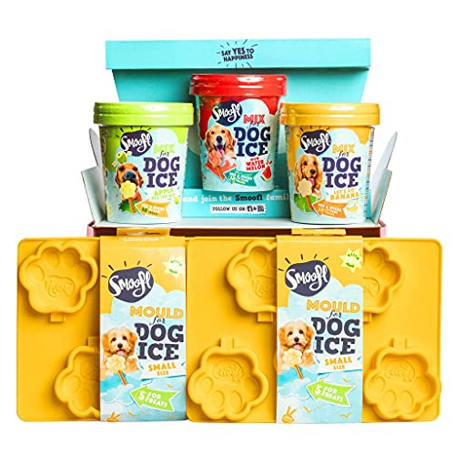 Smoofl Kit de helado I Scream para crear tu propio helado de perro, kit con manzana, plátano y sandía, mezclas de helado para perros y 2 moldes de silicona, para 5 golosinas de hielo para perros