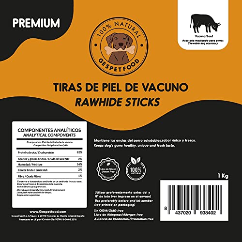 Snack Deshidratado para Perros - Bolsa de 1 kg - Tiras de Piel de Vacuno para Perros - 15cm - Sabor Bacon - 100% Vaca - Sin OGM - Encías Saludables - Fabricado en España - GESPETFOOD
