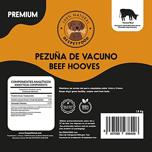 Snack Deshidratado para Perros - Pezuña de Vaca - Bolsa de 1,8 kg - 24 Uds. Aprox. - 100% Carne de Ternera - Sabor Único - Encías Saludables - 100% Natural - Fabricado en España - GESPETFOOD