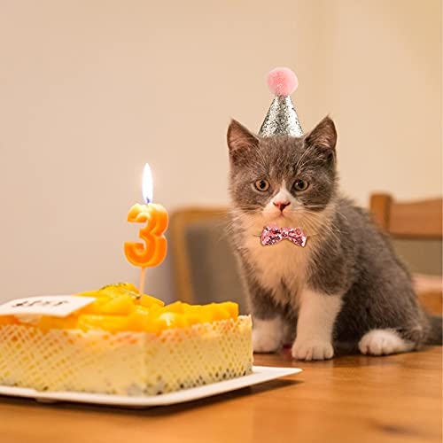 Sombrero de Cumpleaños para Mascotas Gorro Fiesta Perro Gato con Corbata de Pajarita Lentejuela para Cachorro Gatito 2 Piezas