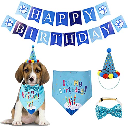 Suministros para fiestas de cumpleaños de perro, bandana, chica, cachorro, gorro de cumpleaños, bufanda, pajarita con bandera de para perros pequeños, medianos y mascotas (azul)