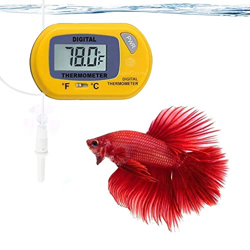 SunGrow Termómetro digital Betta, color amarillo, lee con precisión la temperatura del acuario, mantiene el hogar nativo de Betta, fácil de instalar, viene con 2 ventosas, 1 paquete