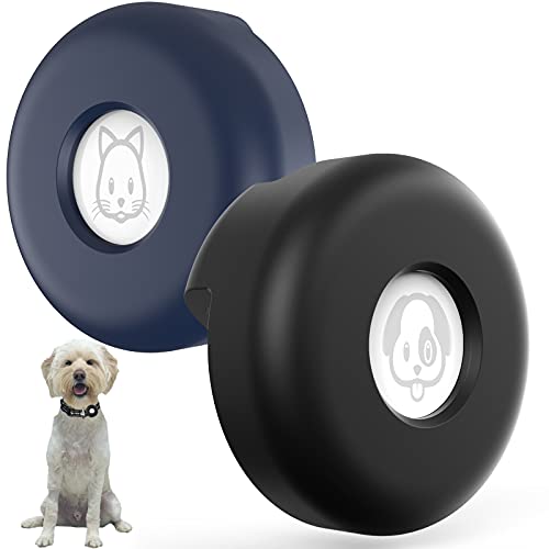 SUPMEGA AirTag - Collar de perro [Slide on Collar] [No Colgar] Funda de silicona compacta para collar de mascotas compatible con AirTag 2021 (2 unidades), color negro y azul