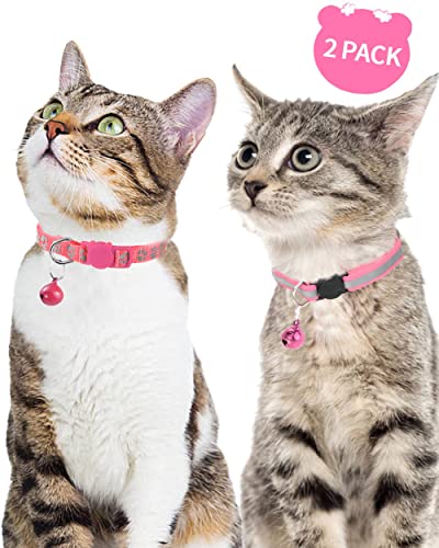 Taglory Collar Gato Reflectante, 2 Piezas Collares para Gatos con Cascabeles y Hebilla Seguro de Liberación Rápida, 19-32cm Rosa