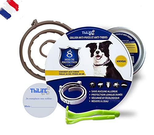 Thilife -Collar antipulgas y antigarrapatas ajustable para perros de más de 8 kg | 8 meses de protección | 2 pinzas para quitar garrapatas de regalo | Formulado con aceite esencial | Impermeable