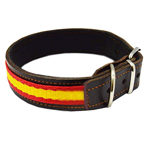 Tiendas LGP - Collar para Perros de Piel Flor con Bandera de España, 2,5 x 47 cm, Color Marrón
