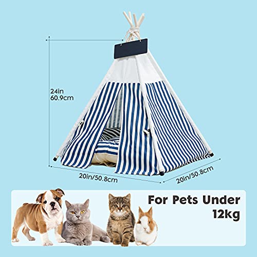 Tipi | Tienda para Mascotas De Tamaño Mediano - Cama para Perros | Gatos con Almohadas - Tiendas De Campaña | Casas para Mascotas con Almohada Gruesa Y Tabla (Rayas Azules)