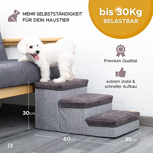 ToBu Line® Escalera para perros de alta calidad, plegable, con mucho espacio de almacenamiento en los peldaños, soporta hasta 30 kg, también adecuada como escalera para gatos. De empresa alemana.