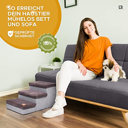 ToBu Line® Escalera para perros de alta calidad, plegable, con mucho espacio de almacenamiento en los peldaños, soporta hasta 30 kg, también adecuada como escalera para gatos. De empresa alemana.