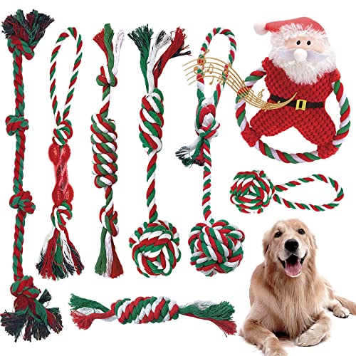 Tonsooze Juego de Juguete de Navidad para Perros, 8 Piezas de Juguetes Interactivos para Perros Juego de Juguetes de Cuerda para Masticar Juguetes de Cuerda de Algodón Trenzado Natural para Perros