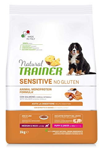 Trainer Natural Sensitive No Gluten - Pienso para Perros Medium-Maxi Junior-Puppy con Salmón y Cereales Integrales - 3kg