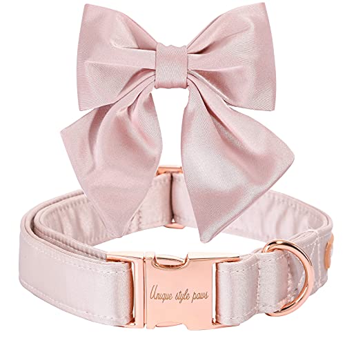 Unique style paws Collar de perro de seda rosa de color rosa, ajustable, resistente, con lazo para boda, para cachorros y gatos pequeños