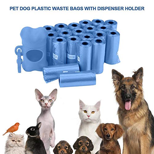 Venta loca Bolsas de basura de plástico, 20 rollos de bolsas de basura limpias con soporte de dispensador de bolsas con forma de hueso para perro mascota(Azul)