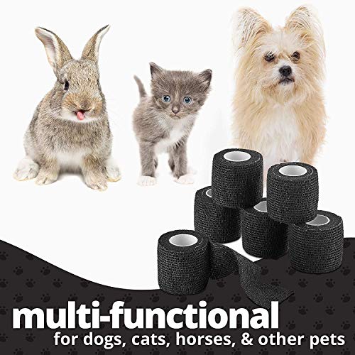 Vet Wrap - (Paquete de 6 rollos de 2 pulgadas x 5 yardas) Vendaje de compresión cohesivo de envoltura autoadhesiva y cinta de vendaje de gasa médica para perros, gatos, caballos, color negro