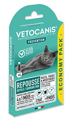 VETOCANIS Antipulgas y antigarrapatas para Gatos con 4 pipetas como Repelente eficaz con 4 x 1 Mes de duración de protección.