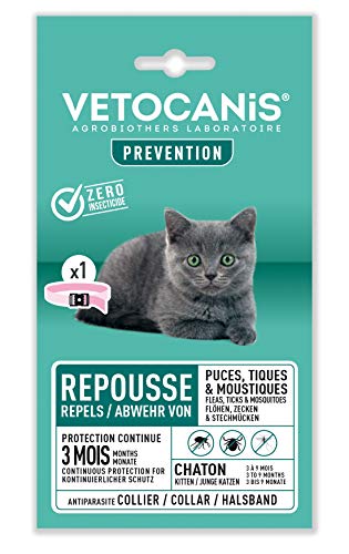 Vetocanis, Collar antipulgas y antigarrapatas para Gatos de Menos de 9 Meses, eficiencia de 3 Meses