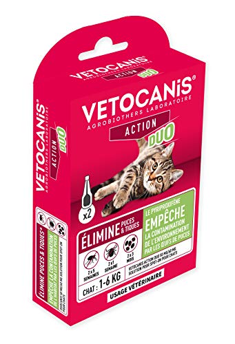 Vetocanis – Pipeta antipulgas antigarrapatas para Gatos, Tratamiento y protección antiparasitarios para Gatos 1-6 kg y hábitat – Caja de 2 pipetas