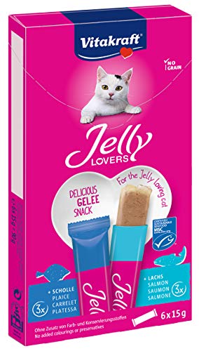 Vitakraft - Jelly Lovers, Snacks de Gelatina para Gatos, Variedad Salmón y Platija - 6 Unidades x 15 g