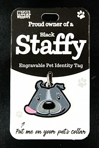 Wags & Whiskers Etiqueta de identidad para mascotas grabable Collar de perro Etiqueta de hueso Etiqueta de nombre de gato Negro Staffy