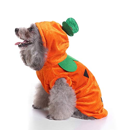 WEDFTGF Disfraz de calabaza de Halloween para mascotas, disfraces de cosplay para cachorros cálidos con capucha de forro polar, ropa de otoño y invierno
