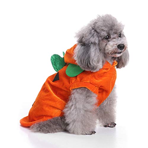 WEDFTGF Disfraz de calabaza de Halloween para mascotas, disfraces de cosplay para cachorros cálidos con capucha de forro polar, ropa de otoño y invierno