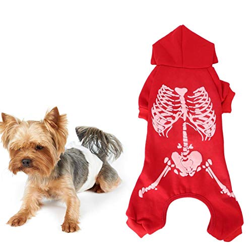 WEILafudong Abrigo con Capucha para Mascotas de Halloween, Disfraz de patrón de Esqueleto Luminoso, Disfraz de Halloween con Luminoso para Perros pequeños o Gatos(S)