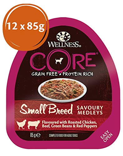 Wellness CORE - Medallas de gallina para Perros de Raza pequeña, sin Grano húmedo, para Carne de Pollo, Verdes y pimientas Rojas, 85 g, 12 Unidades