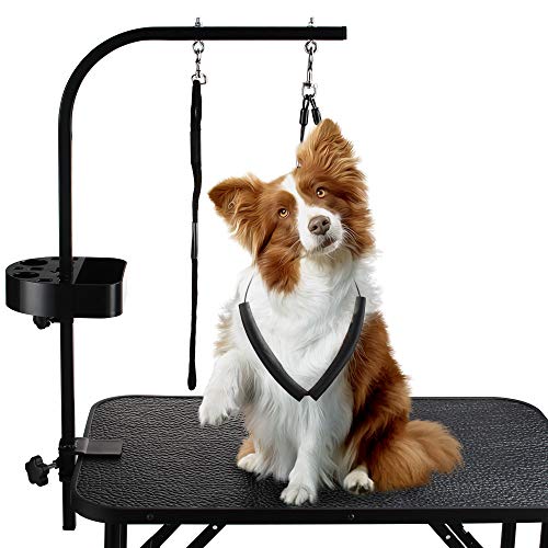 WestKing Mesa de aseo ajustable para perros y gatos con 2 eslingas de seguridad y cesta de almacenamiento de accesorios de malla (negro)