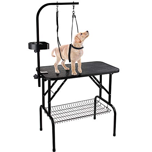WestKing Mesa de aseo ajustable para perros y gatos con 2 eslingas de seguridad y cesta de almacenamiento de accesorios de malla (negro)