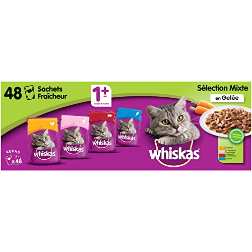 Whiskas - Alimento humedo para gatos, en gelatina (Salmón, Atún, Pollo, Ternera), 48 paquetes x 100g