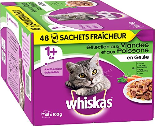 Whiskas - Alimento humedo para gatos, en gelatina (Salmón, Atún, Pollo, Ternera), 48 paquetes x 100g