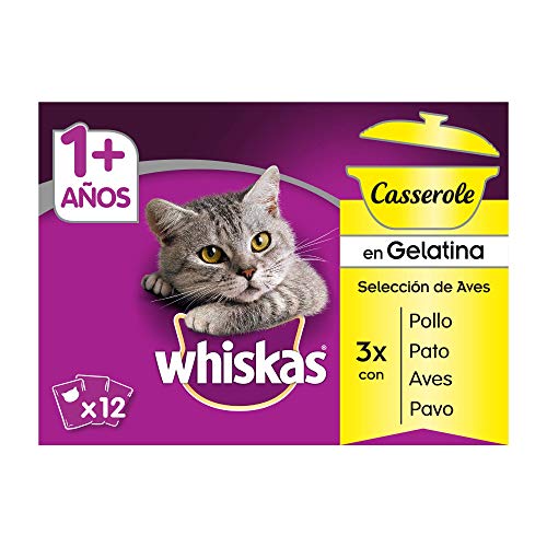 Whiskas Casserole Comida Húmeda para Gatos Adultos Selección Aves, Multipack (4 cajas x 12 sobres x 85g)