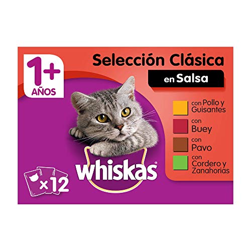 Whiskas Comida Húmeda para Gatos Selección Carnes en Salsa, Multipack (4 cajas x 12 bolsitas x 100g)