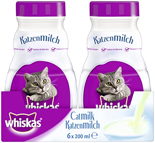 Whiskas Leche para Gatos a Partir de 6 semanas, Delicioso Aperitivo para un Gato Feliz, sin lactosa y fácil de digerir, Juego de 6 Botellas de 200 ml