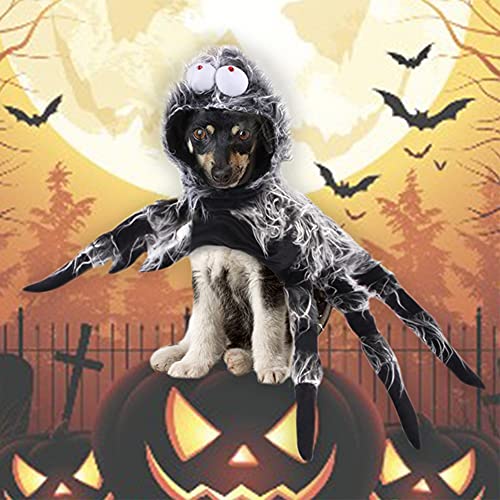 WHITULIP Gato con capucha horror simulación de felpa araña para el disfraz de perro divertido Halloween Dress Up Outfit Cosplay Disfraz de gato Fiesta de Navidad Perro abrigo tela