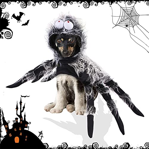 WHITULIP Gato con capucha horror simulación de felpa araña para el disfraz de perro divertido Halloween Dress Up Outfit Cosplay Disfraz de gato Fiesta de Navidad Perro abrigo tela