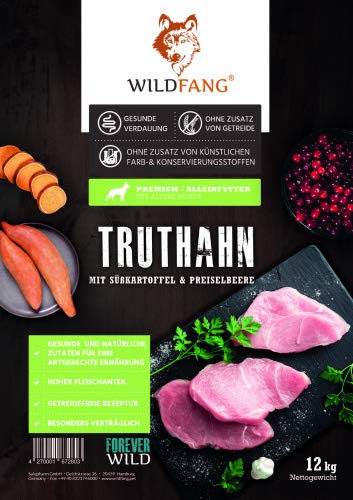 Wildfang® | Comida Seca de Primera Calidad para Perros | Comida Natural para Perros, sin Cereales y sin aditivos Artificiales (Pavo con Patata Dulce y arándanos, 12 kg)