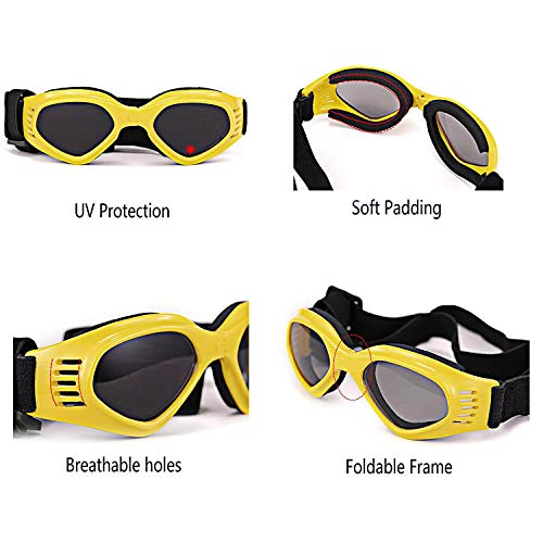 XUNKE Gafas de Sol para Perros, Perro Gafas para Perros pequeños y medianos Impermeable Plegable Protector Ocular Protección UV Antivaho (Amarillo)