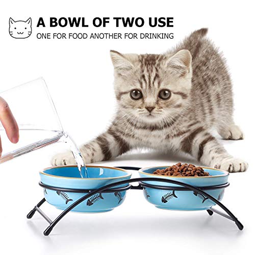 Y YHY Cuencos elevados de cerámica para mascotas, 12 onzas elevados cuencos para alimentos o agua, platos de doble gato, regalo para gato, diseño de hueso de pez, color azul
